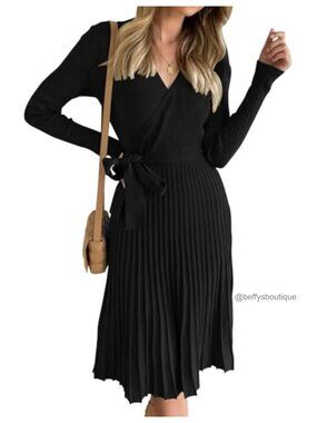 V Neck Wrap Midi Dress with Belt, Ribbed Knit, Pleated A Line, Fall Cocktail